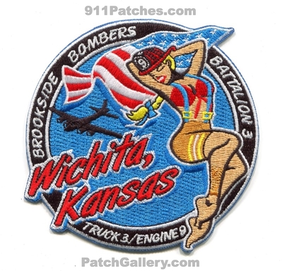 Wichita Fire Department Engine 9 Truck 3 Battalion 3 Patch (Kansas)
Scan By: PatchGallery.com
[b]Patch Made By: 911Patches.com[/b]
Keywords: dept. company co. station brookside bombers chief pinup girl