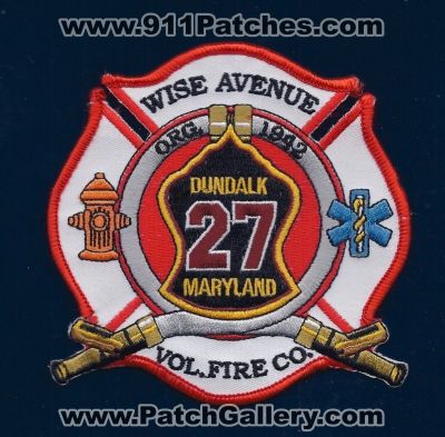 Wise Avenue Volunteer Fire Company 27 (Maryland)
Thanks to PaulsFirePatches.com for this scan. 
Keywords: department dept. vol. co. dundalk