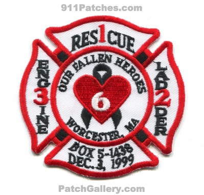 Worcester Fire Department Our Fallen Heroes 6 Patch (Massachusetts)
Scan By: PatchGallery.com
Keywords: dept. six december 3rd 1999 paul brotherton tim jackson jerry lucey jay lyons joe mcguirk tommy spencer rescue 1 engine 3 ladder 2 box 5-1438