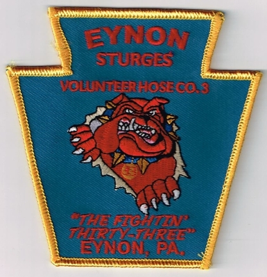 Eynon Sturges Volunteer Hose Company 3 Fire Department Patch (Pennsylvania)
Thanks to Ronnie5411 for this scan.
Keywords: vol. co. number no. #3 the fightin thirty three pa. dept.
