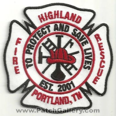 Highland Fire Rescue Department Patch (Tennessee)
Thanks to Ronnie5411 for this scan.
Keywords: dept. portland tn