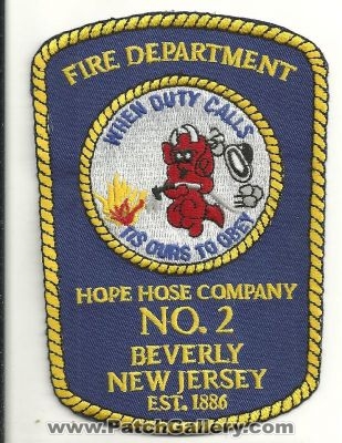 Hope Hose Fire Department Company Number 2 (New Jersey)
Thanks to Ronnie5411 for this scan.
Keywords: dept. co. no. #2 beverly