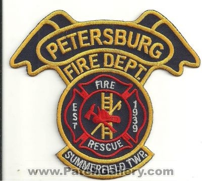 Petersburg Fire Rescue Department Patch (Michigan)
Thanks to Ronnie5411 for this scan.
Keywords: dept. summerfield township twp.