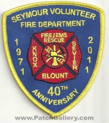Seymour Volunteer Fire Department 40th Anniversary Patch (Tennessee)
Thanks to Ronnie5411 for this scan.
Keywords: vol. dept. rescue ems knox blount sevier