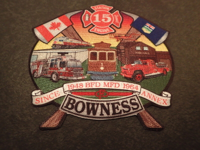 Calgary Fire Department Station 15 Patch (Canada AB)
Thanks to Jeremiah Herderich for this picture.
Keywords: dept. engine company co. bowness bfd mfd since 1948 annex