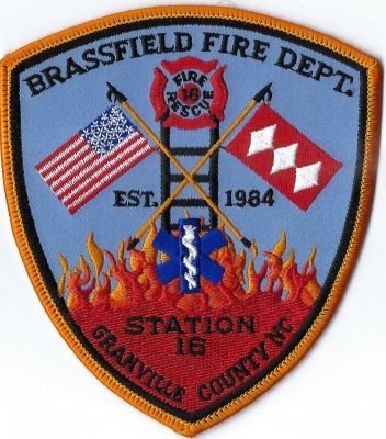 Brassfield Fire Department (NC)
The design of the 3 white diamonds on a crimson field was taken from the coat of arms of the Earl of Granville.  Station 16.
