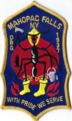 Mahopac Falls Fire Department (NY)
The ant w/fire boots happened in 1976 when MFFD FF's were walking over a hill & a Officer said "here comes the Ant Hill Mob'. 
