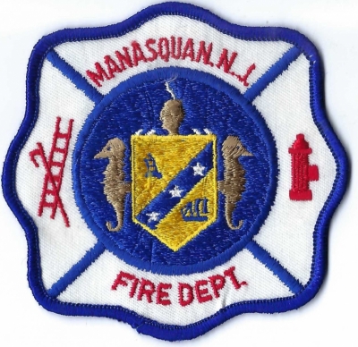 Manasquan Fire Department (NJ)
The Manasquan town banner was adopted in 1963. The emblem includes a Lenape Native American's head, a gold shield with seahorses, a plow, and a sailing ship. Three stars symbolize New Jersey's ratification of the US Constitution as the third state.
