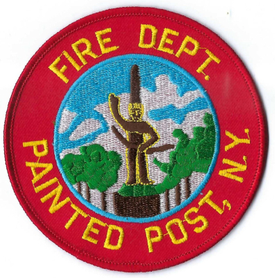 Painted Post Fire Department (NY)
The Seneca Indian Monument in Painted Post, is a, metal, 8-foot statue of Chief Montour, a Seneca leader, located in the Village Square.  It represents the "painted post" landmark—a red-painted post marking a battle victory.  Pop. <2,000.
