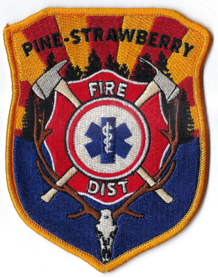 Pine Strawberry Fire District (UT)
The patch design shows Elk antlers at the base of the patch. There is a very high population of elk in the Pine and Strawberry, AZ area, and they are commonly seen roaming throughout the towns. The area is known as prime habitat.
