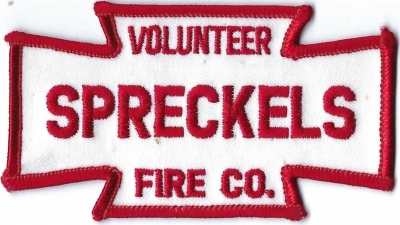 Spreckles Volunteer Fire Company (CA)
DEFUNCT - The Spreckels Volunteer Fire Company, originally formed in 1898, merged with the Monterey County Regional Fire District in 2015.  This patch is known as the "Bow-Tie" patch.
