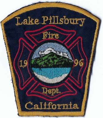 Lake Pillsbury Fire Department (CA)
DEFUNCT - Merged w/Lake Pillsbury Fire Protection District.  Patch made by a Singer Sewing Machine.  Only 7 ever made.
