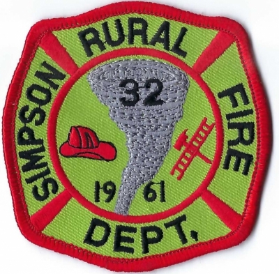 Simpson Rural Fire Department NC)
In 1984, Simpson was hit with a tornado that wiped out the FD.  After the rebuilt, the new patch had a tornado as a reminder.
